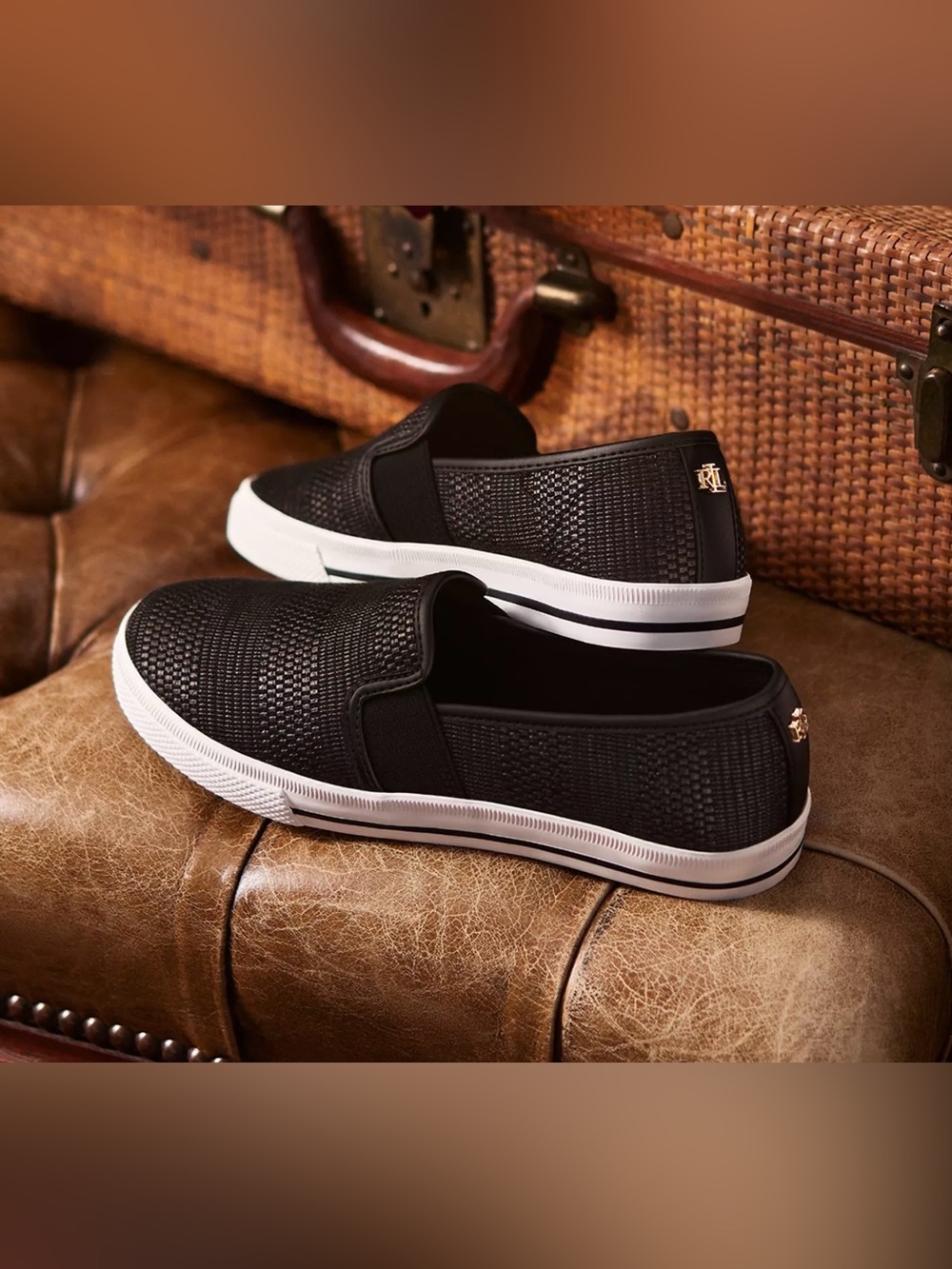 Ralph Lauren Black Slip-On Woven Sneakers with White Sole Size 6.5